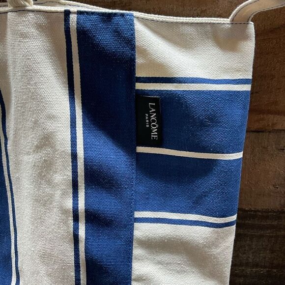Lancome Tote Bag Canvas Soft Rope Handles Blue White Block Color Snap Closure - Picture 3 of 11